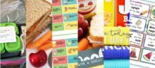 A collage of lunchbox items, sandwiches, fruit, juice, a board game, snack bars, and handwritten lunchbox notes with positive messages.