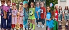 A collage of seven pairs of girls dressed in various matching costumes, including twins in overalls, baseball outfits, colorful monster attire, candy shirts, fairy skirts, and eerie blue dresses in a hallway.